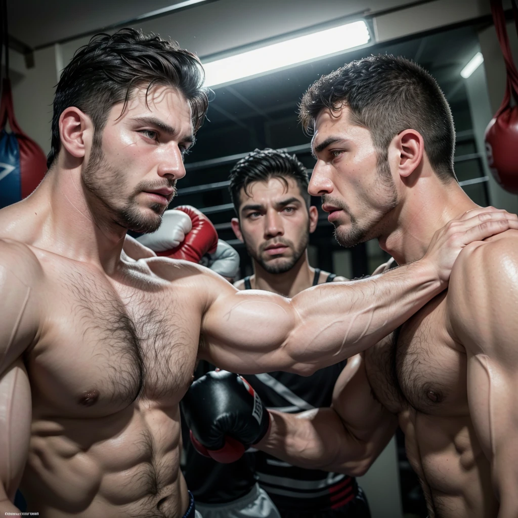 hairy Italian daddy muscle boxier with a strong chest and colossal arms and biceps, both wear a oversize and biggest white boxing gloves, laces and tapped. fighting with his adult son in a close fight, he is teaching to boxing in a small boxing gym with large mirrors where they reflect. They both look tired and sweaty. both are muscular, hairy and stronger. they are huge and be hug, sweat over his bodies, a daddy show his hairy armpits to his son