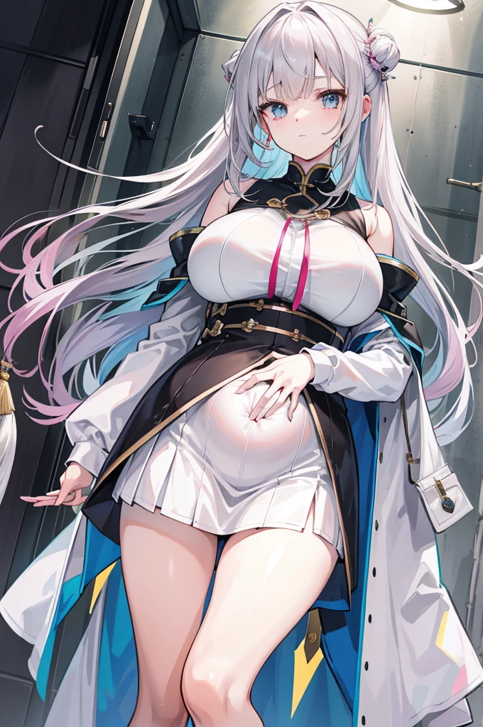 Height 1.6m，The eye color is a strange blend of gray-pink with silver-green；It's not that these two colors are weird，It's about the weird way of fusion，It's like turning a glaze into a solution。And the whites of her eyes always feel that they are not white。Her clothes are powder、ash、rot、The color of the blend of whites，The outermost layer is both a shawl and an overcoat，It can also be a cape from a certain angle。Her lower body is covered by what could be called a long-distance run，The strange stacking and pleats in the clothes room made it impossible for me to tell where my top and pants were。No figure，The face is between 15 and 17 years old in human females, her Belly is bloated like a girl who pregnant in her 10th month with big breasts