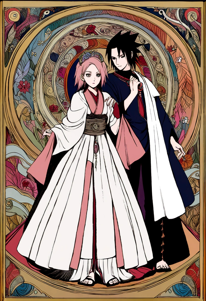 Naruto style illustration, Sakura Haruno and Sasuke Uchiha dressed like gods