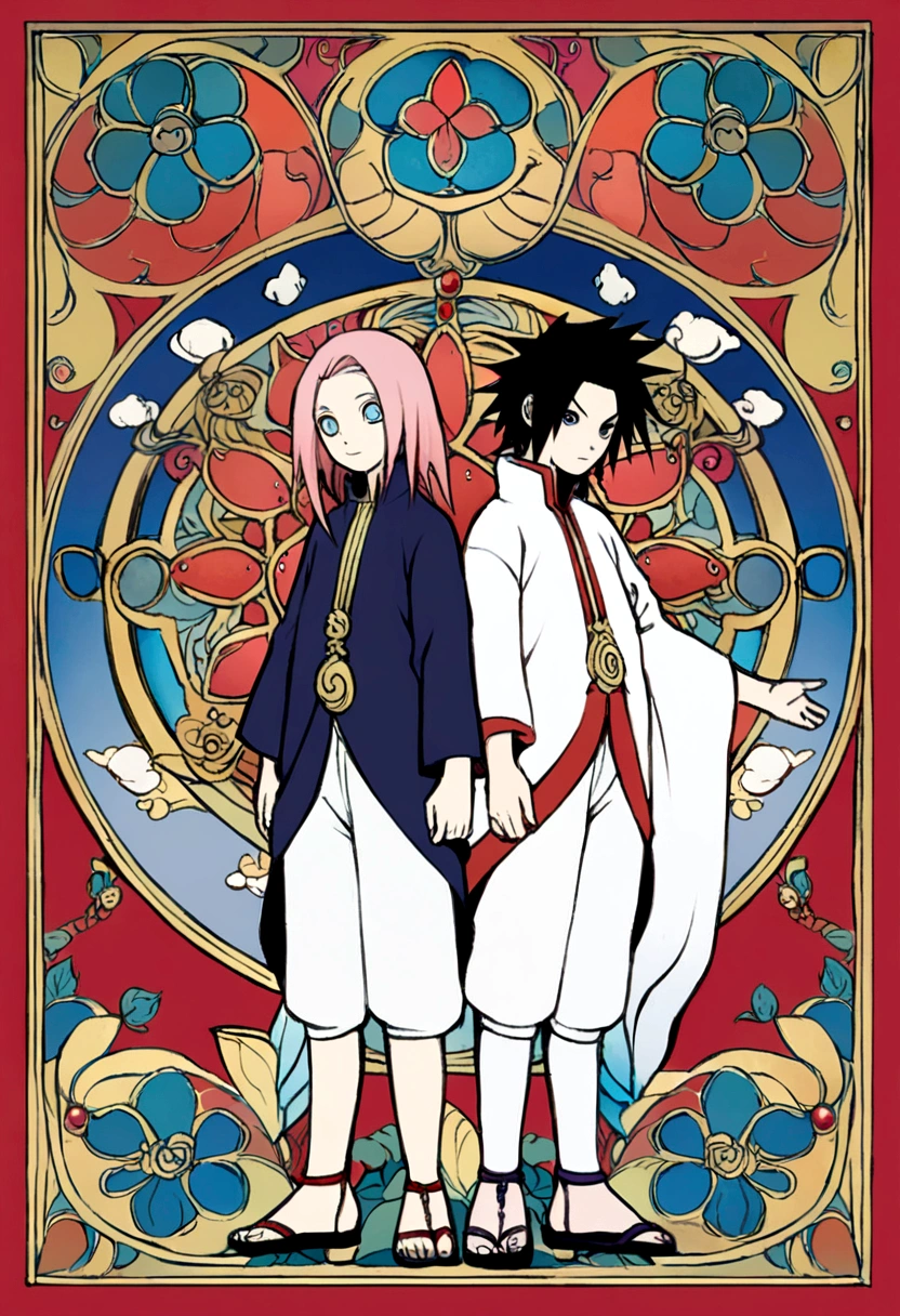 Naruto style illustration, Sakura Haruno and Sasuke Uchiha dressed like gods