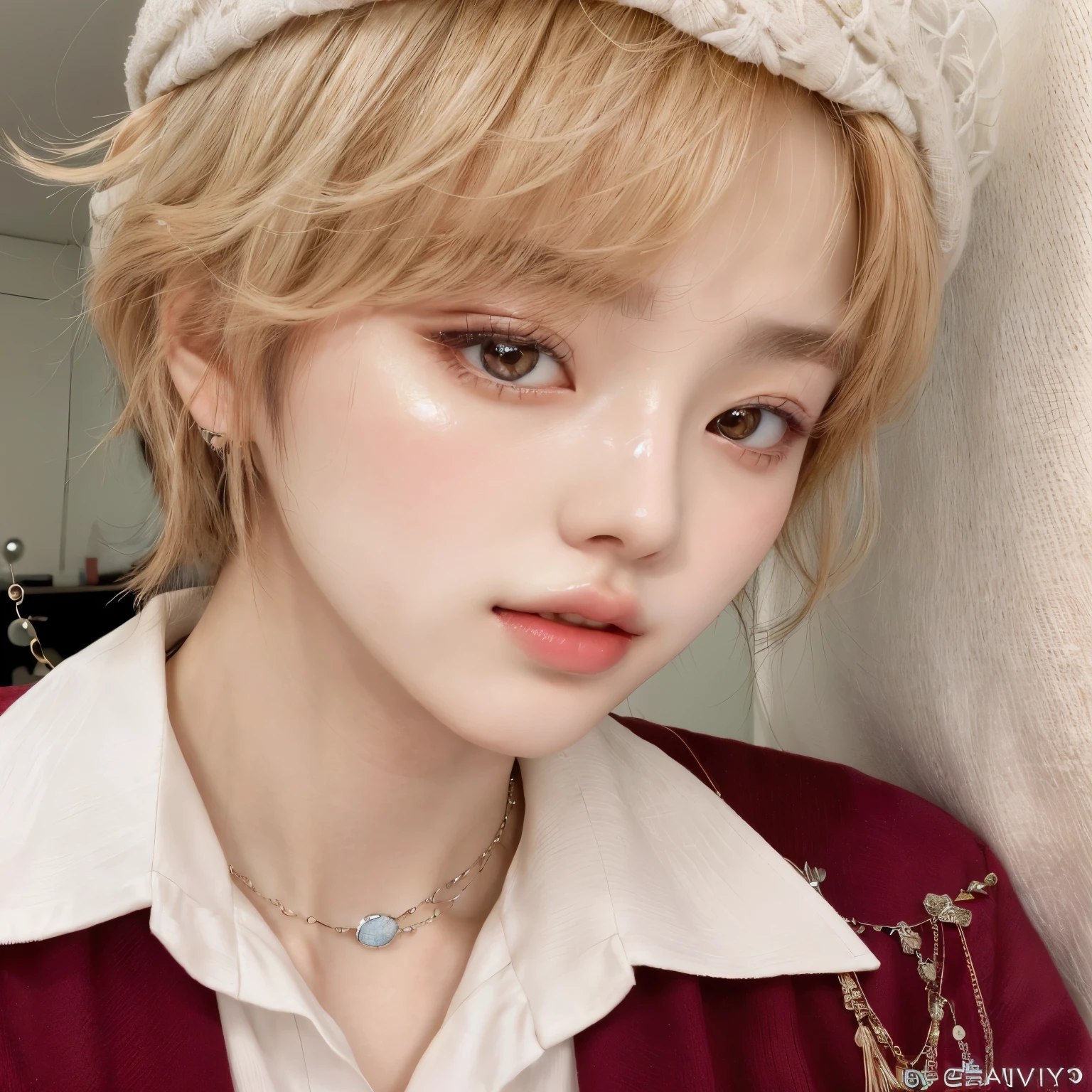 A close-up of a person wearing a necklace and a shirt, full lips, pale korean adorable face, ulzzang, delicate androgynous prince, Ahn SeongMin, Seongmin from CRAVITY, Ahn SeongMin from CRAVITY