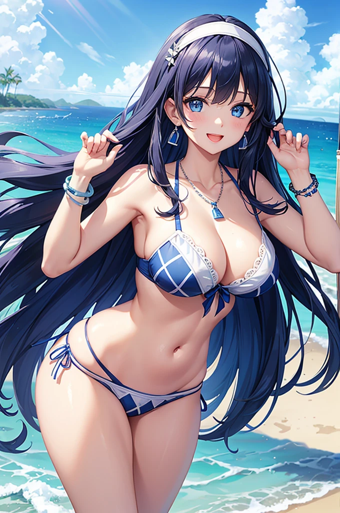 Highest quality、Highest quality、masterpiece、Beauty、(8K),(Age 25)、Navy blue long hair、blue eyes、Sexy White Bikini(Blue and white block pattern)、Big cleavage、(Big Breasts)、smile、blue necklace、Blue Earrings、background(Beach)、Please open your mouth wide、White headband、bracelet、Dynamic pose