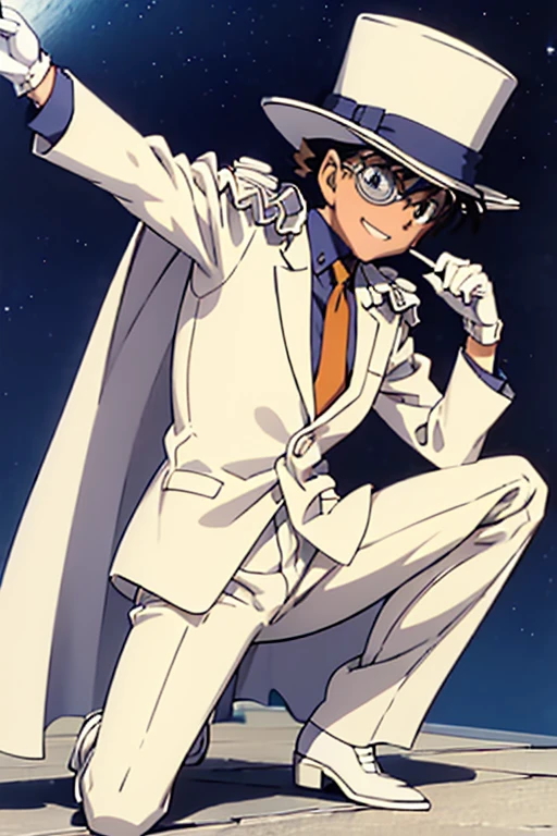 ultra detailed,(masterpiece,4K),white suit,silk hat,((1 boy)),detective conan-kaitou kid,white cape,white leather shoes,white gloves,rooftop,moon night,get on one knee,monocle,grin, Put one hand on the ground,stretch arm to the side