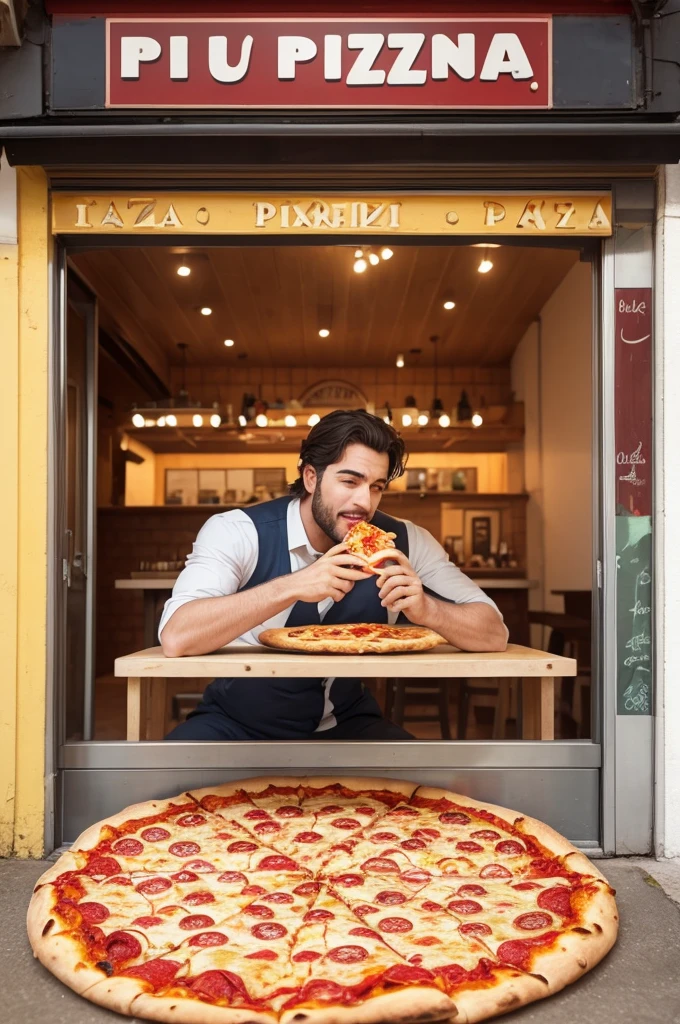 I clarify the optimistic design, on a pizzeria lid for commercial, with him eating pizza
