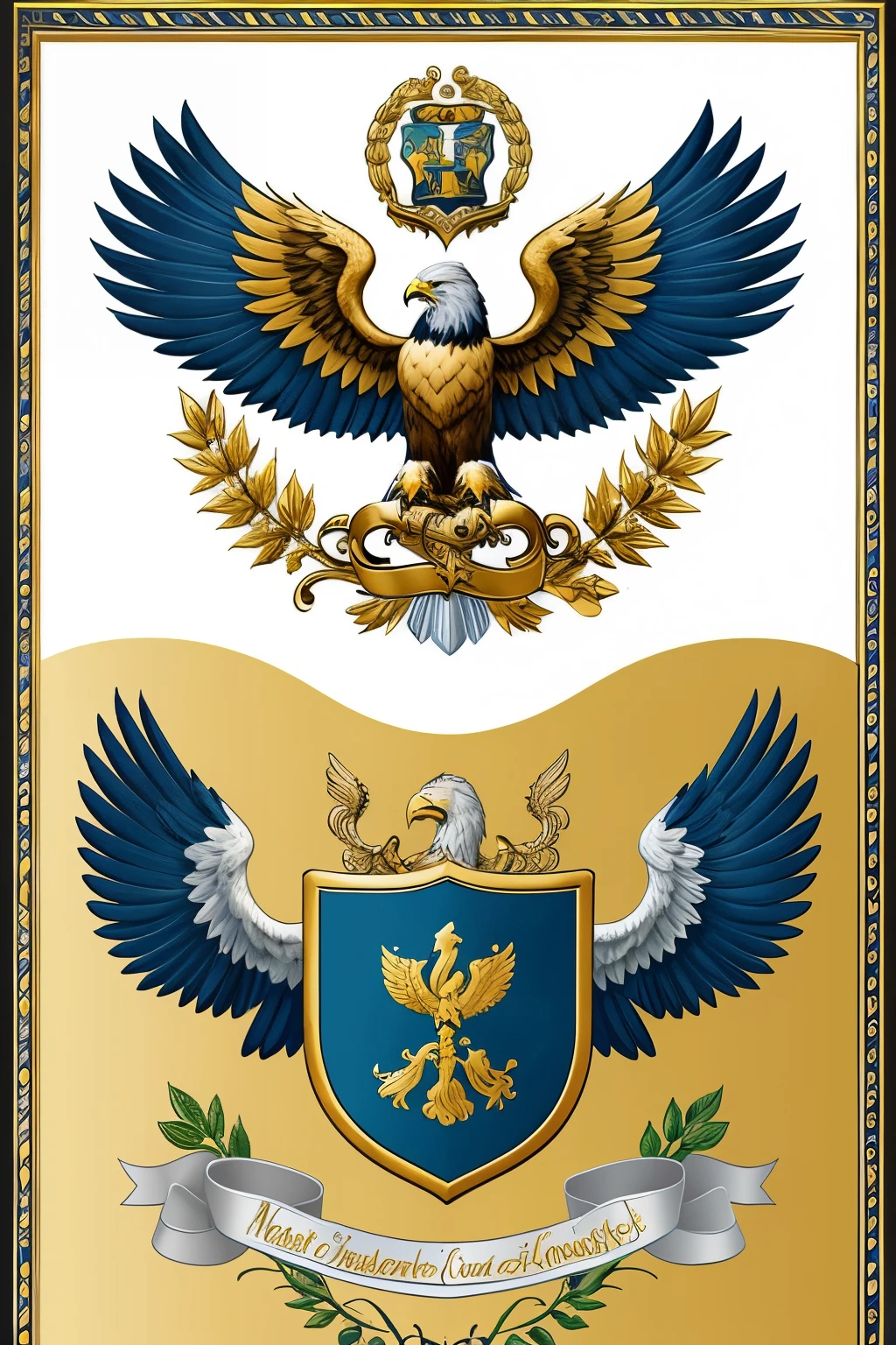 ((Best Quality)), ((Masterpiece)), (detailed), To design my personal coat of arms, I have chosen the following elements:
Field: Azur (blue)
main figure: a golden eagle (yellow) with wings spread Secondary figures: Three silver stars (White) on top Border: Gules (red)