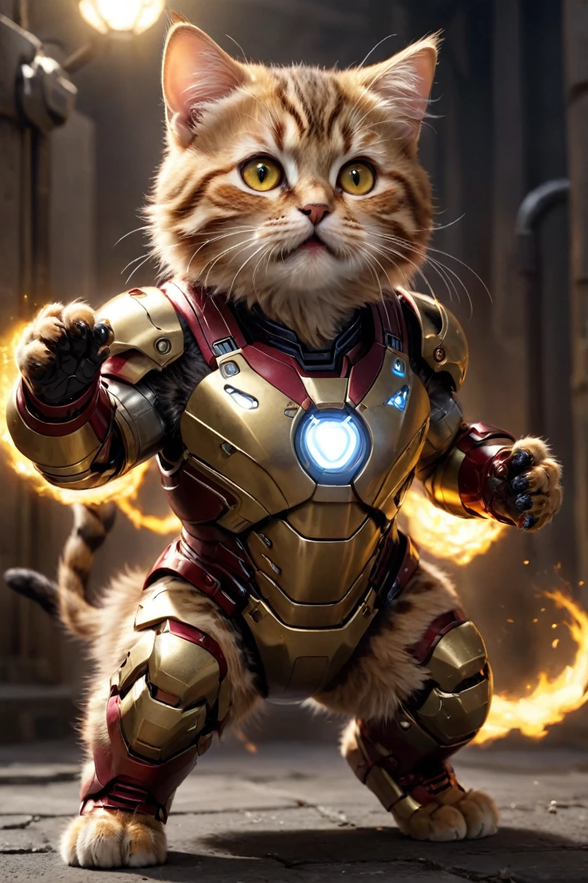 small, There are no humans in this world、The world of anthropomorphized cats、Wearing a full Iron Man suit、Repulsor firing from both hands、night、かわいいbornき物全身, Costumes,、 Fantasy art, Exquisite detail, An anthropomorphic, fat, furry tabby kitten with yellow eyes, Movie Scenes, Dramatic shot angles, , Realistic, born々Amazing cinematic photorealism, Action Portrait, 8K, detailed, Full Frame