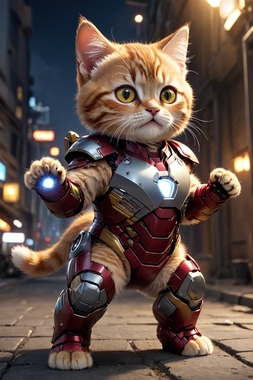 small, There are no humans in this world、The world of anthropomorphized cats、Wearing a full Iron Man suit、Repulsor firing from both hands、night、かわいいbornき物全身, Costumes,、 Fantasy art, Exquisite detail, An anthropomorphic, fat, furry tabby kitten with yellow eyes, Movie Scenes, Dramatic shot angles, , Realistic, born々Amazing cinematic photorealism, Action Portrait, 8K, detailed, Full Frame