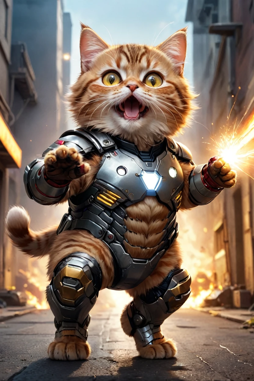 small, There are no humans in this world、The world of anthropomorphized cats、Wearing a full Iron Man suit、Repulsor firing from both hands、night、かわいいbornき物全身, Costumes,、 Fantasy art, Exquisite detail, An anthropomorphic, fat, furry tabby kitten with yellow eyes, Movie Scenes, Dramatic shot angles, , Realistic, born々Amazing cinematic photorealism, Action Portrait, 8K, detailed, Full Frame