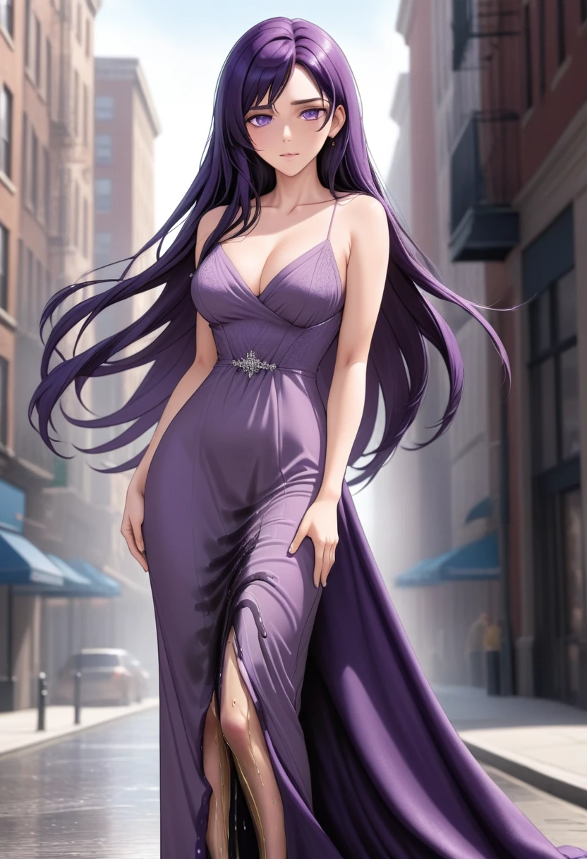 (masterpiece:1.37), best quality, (extremely detailed:1.37) woman, (mature:1.75), (adult:1.5), (very long hair:1.5), dark purple hair, purple eyes, (extremely detailed eyes:1.37), breasts, (very long dress:2.0), (very tight dress:2.0), (wetting herself:2.0), standing straight, full body day, daytime, glow, facing viewer, perfect composition, full body, city, street