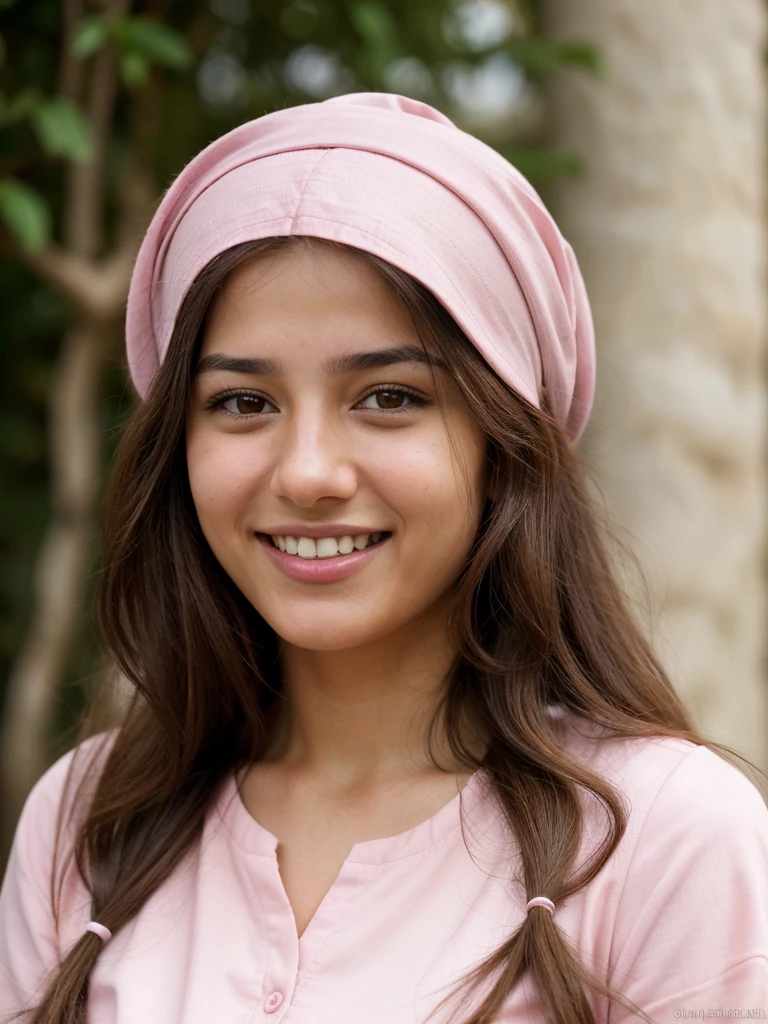very high resolution, realistic Palestinian women, pink shirt, white teethes, cute smile, long brown hair, realistic facial details, modest, white skin