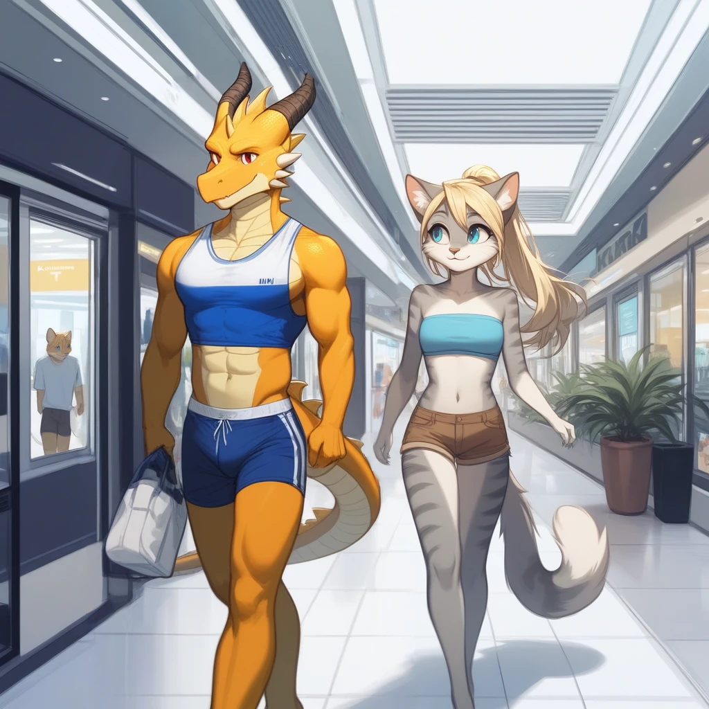 Score_9, score_8_up, an anthro dragon male, tall, athletic body, black dragon male, red eyes, he is wearing a blue sports jersey shirt and brown khaki shorts with white sneakers, walking in a strip mall,