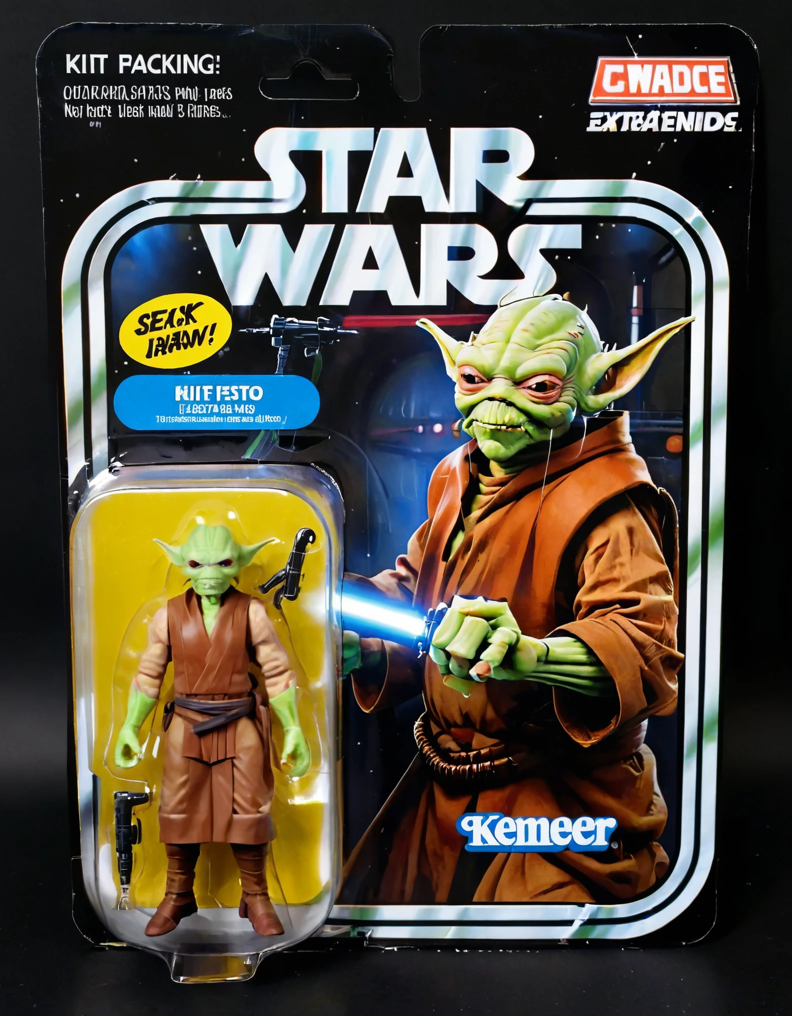 A lifelike figurine resembling the well-known Jedi master of star wars , Kit Fisto, stands prominently displayed. The figurine captures his iconic exaggerated features with striking realism, including his metalic full body machine and lightsaber Alongside it, the packaging showcases a cartoon illustration of jedi master, adding a playful contrast to the realism of the figure. The monotone yet menacing packaging is a juxtaposition to the character. The name ('Kit Fisto':1.5) is printed in bold, eye-catching letters on the packaging, highlighting his renowned identity,