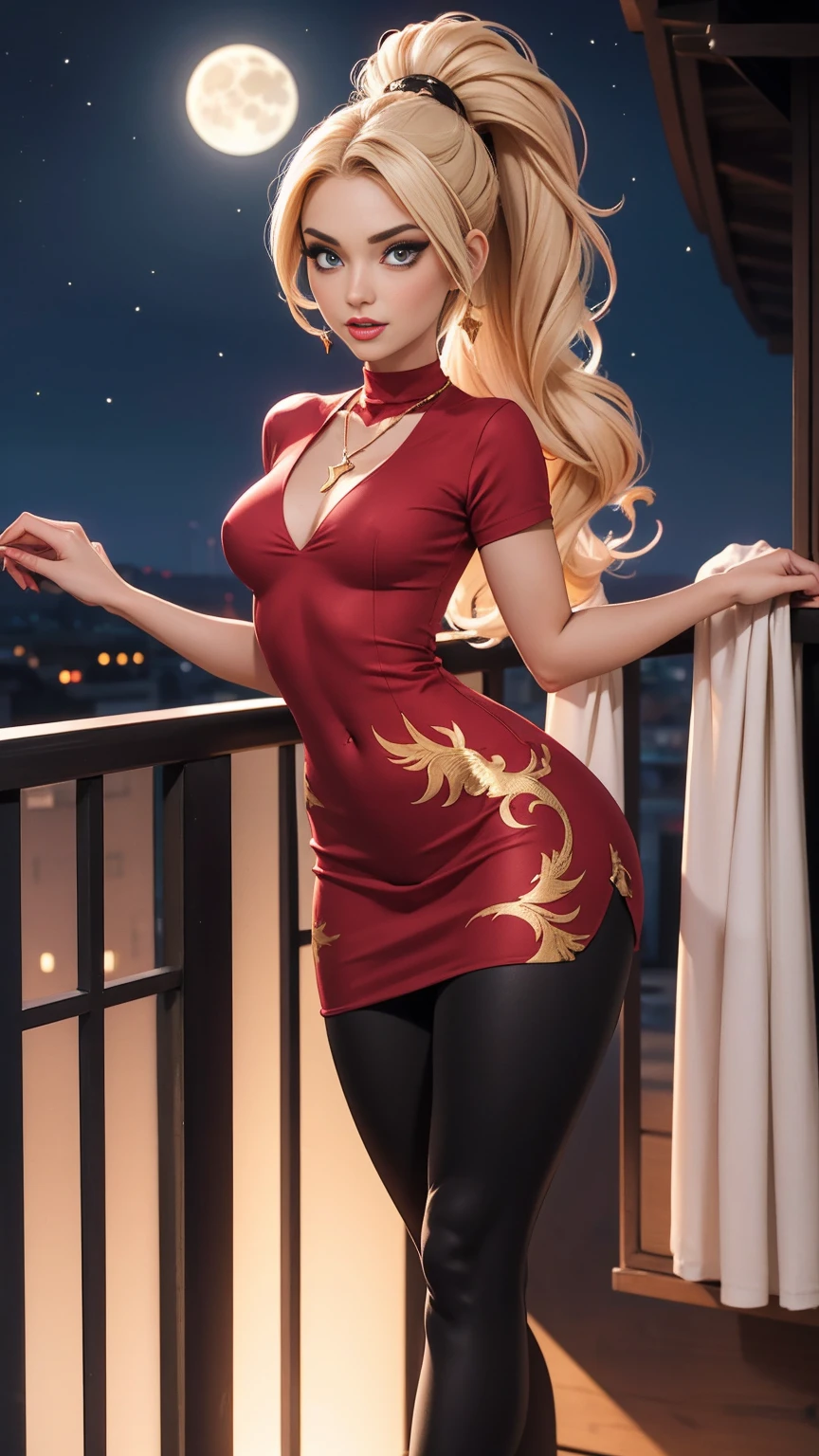 Beautiful woman with long straight ponytail blond hair with blue eyes wearing a Black Tight Leggings With Golden Dragon Prints, a Red Sexy Criss Cross Mock Neck Short Sleeves Dress With Phoenix Prints, luxurious jewelry and a luxurious necklace, 18k gold wedding ring on left hand, standing in a balcony at night of full moon, (caucasian skin), (light brown lipstick), (elegant mascara), (slim body with abs), (small breasts), (wide hips), midjourney, <lora:GoodHands-, <lora:GoodLegs-, UHD, high resolution, (masterpiece:1.1, best quality), (expressive eyes, perfect face, full body, expressive face, perfect body, perfect pussy, athletic, fit, slim body, blushing, Perfect makeup, eyeliner, beautiful eyelashes, smiling, horny face), ((best illumination, best shadows)), ((sexy pose))