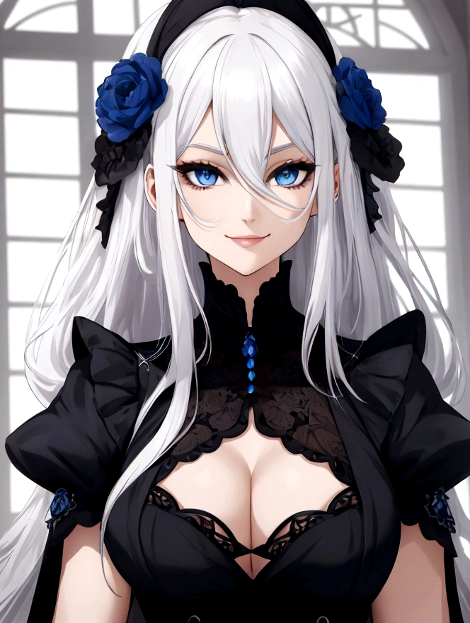 white hair, large hair, blue eyes, black dress,  smile, 
normal chest, young woman,