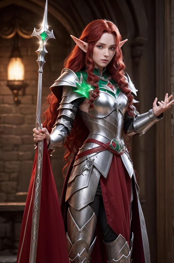An elf wizard, with long red and curly hair, wearing light armor and a silver staff topped with an emerald.