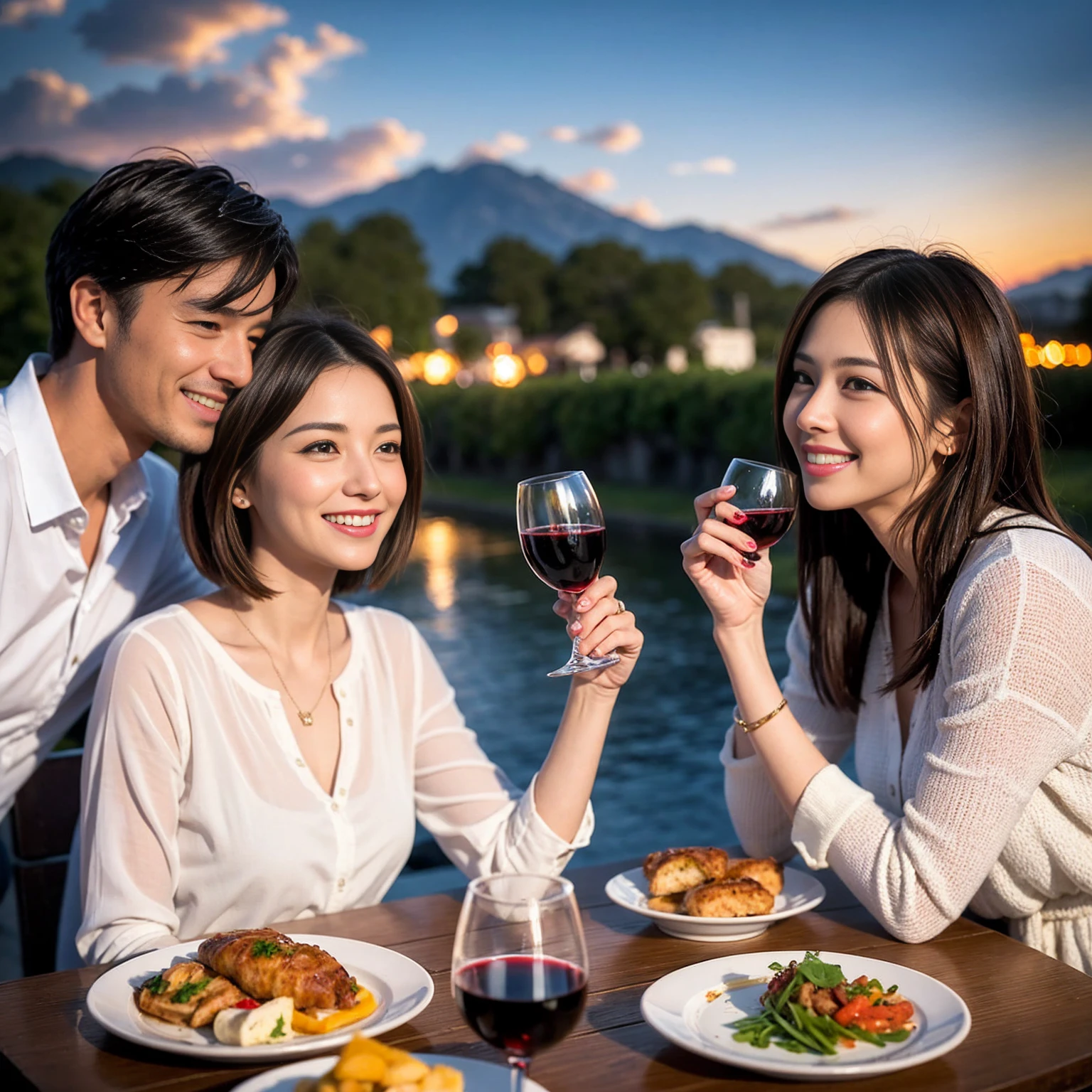 ((Highest quality、8K、masterpiece:1.3))、 (Ultra-realistic、Genuine、Bright image、Intricate details:1.2), 最高のsmile、1 male 1 female、Beautiful couple、Lovey-dovey lovers、Happy Yokohama Lovers、、Good friends、actress couple、smile、Full-course dinner at a packed table、 (Slim face), (the body is slim), (Brown Hair), (short hair), テーブルのwine glass、Please shine a light on my face、 Amazing view of the sunset sky and clouds、42 years old 39 years old, red wine 、Appetizers、Wine bottle、sparkling wine、Long sleeve shirt、dress、White wine, red wine, wine glass,