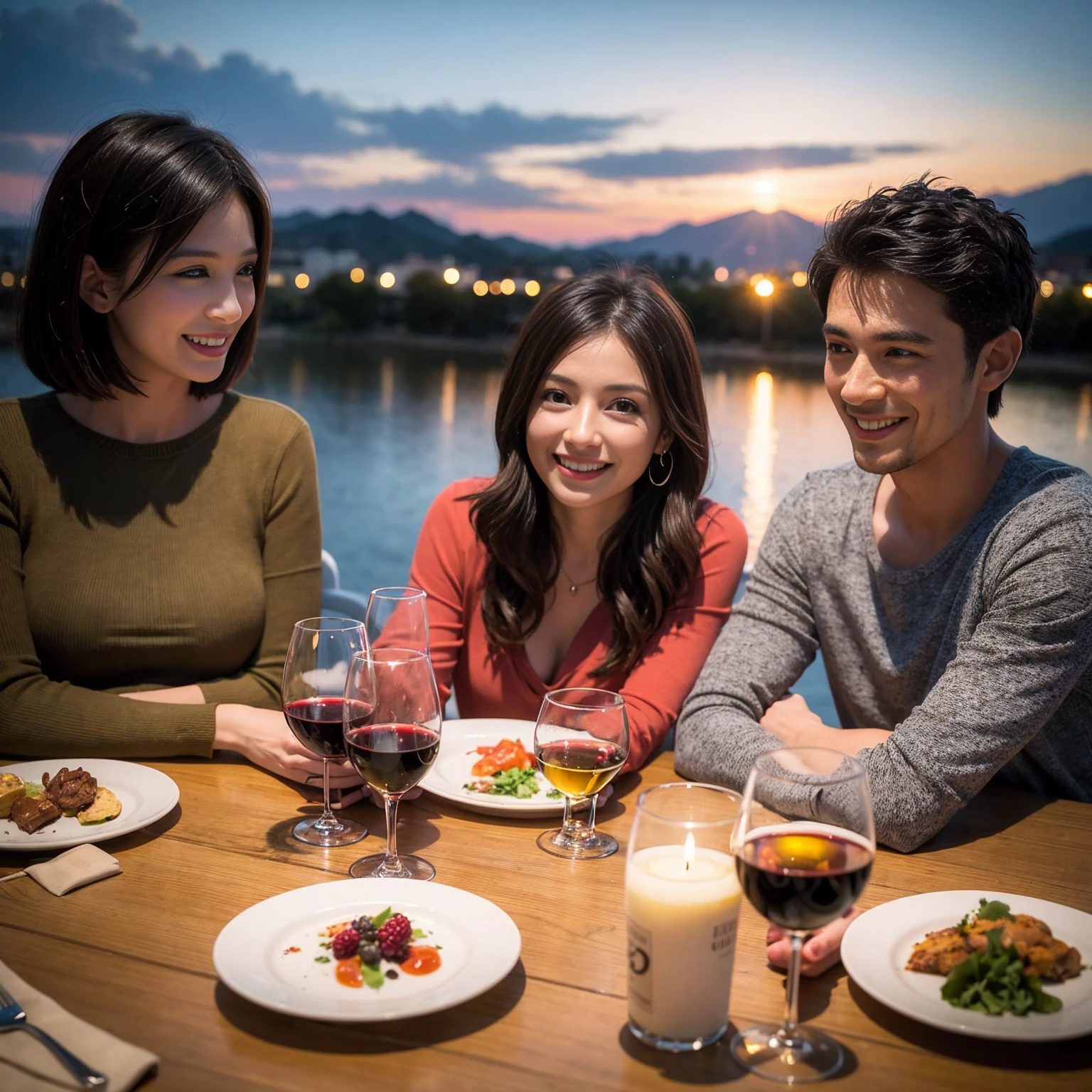 ((Highest quality、8K、masterpiece:1.3))、 (Ultra-realistic、Genuine、Bright image、Intricate details:1.2), 最高のsmile、1 male 1 female、Beautiful couple、Lovey-dovey lovers、Happy Yokohama Lovers、、Good friends、actress couple、smile、Full-course dinner at a packed table、 (Slim face), (the body is slim), (Brown Hair), (short hair), テーブルのwine glass、Please shine a light on my face、 Amazing view of the sunset sky and clouds、42 years old 39 years old, red wine 、Appetizers、Wine bottle、sparkling wine、Long sleeve shirt、dress、White wine, red wine, wine glass,