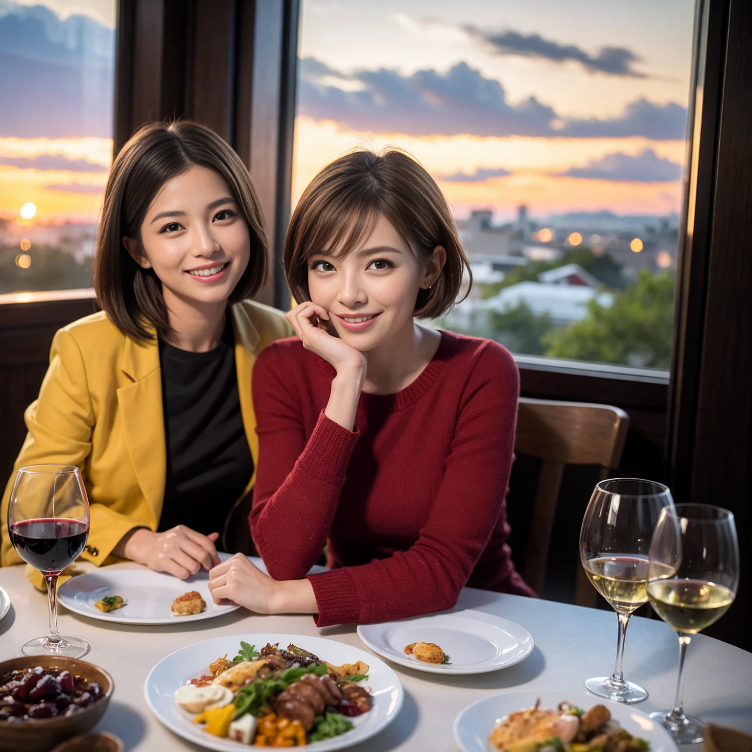 ((Highest quality、8K、masterpiece:1.3))、 (Ultra-realistic、Genuine、Bright image、Intricate details:1.2), 最高のsmile、1 male 1 female、Beautiful couple、Lovey-dovey lovers、Happy Yokohama Lovers、、Good friends、actress couple、smile、Full-course dinner at a packed table、 (Slim face), (the body is slim), (Brown Hair), (short hair), テーブルのwine glass、Please shine a light on my face、 Amazing view of the sunset sky and clouds、42 years old 39 years old, red wine 、Appetizers、Wine bottle、sparkling wine、Long sleeve shirt、dress、White wine, red wine, wine glass,