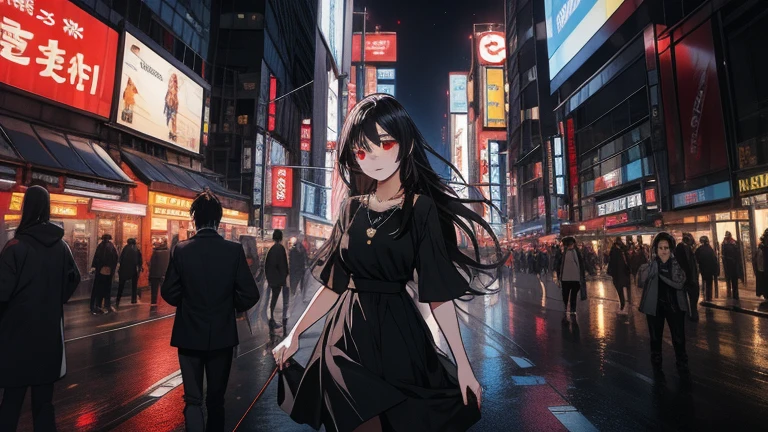 masterpiece, best quality, highres, absurdres, ultra detailed, pretty eyes, pretty_hands Goth girl 1girl, ((black long hair)), red eyes, jewelry, necklace, pale skin, neon lights A dark-haired girl named Akira with long black hair and red eyes, wearing a black dress, walking to work in a bustling, modern futuristic city. The city is alive with activity, with people rushing by, cars and buses moving, and tall skyscrapers surrounding her. The atmosphere is urban and vibrant, with neon lights and holographic billboards, contrasting with Akira's calm and mysterious presence. The background includes bright city lights, advanced technology, and street vendors, emphasizing the busy city life. The tone should be in a dark art style similar tokyo ghoul and death note. camera view is closeup front shot