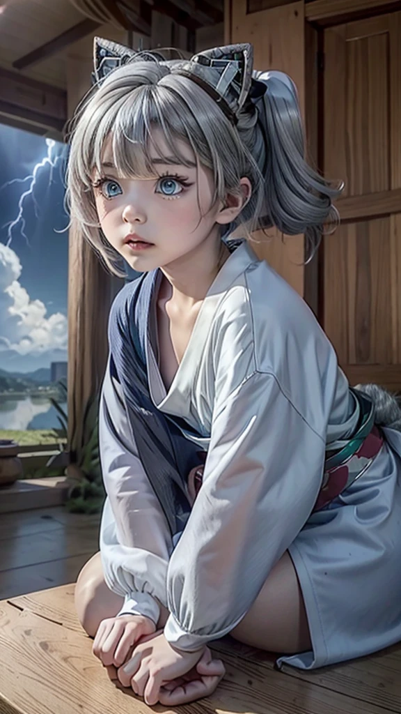 naughty girl;
Wolf ears and tail;
Long messy hair;
gray hair;
Kimono with lightning cloud details;
Rays around the body;
It&#39;s in a black space full of clouds forming;
Sky blue eyes;
