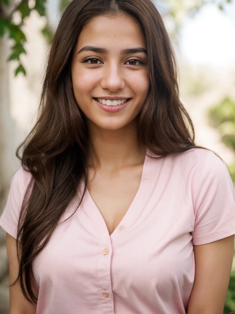 very high resolution, realistic Palestinian women, pink shirt, white teethes, cute smile, long brown hair, realistic facial details, modest, white skin