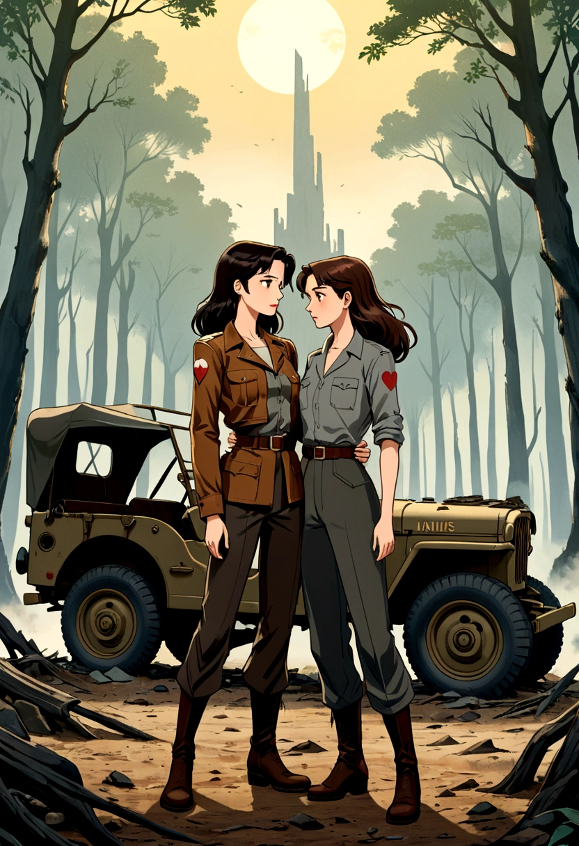 A heartbreaking anime style illustration depicting two women in love in the middle of a desolate war-torn forest. The first woman, with long dark hair, wears a gray shirt, dark 1940s pants, and boots. She is facing the second woman, who has British features, brown hair and is dressed in a brown leather jacket, pants and a red 40's style shirt. She is holding the first woman's arms hoping she will come to her senses. . Her eyes are full of sadness as they stand next to a war-ravaged jeep. The title, "Uranus 2324 ", is written in bold and gold, 1940s war style, evoking a sense of longing and loss