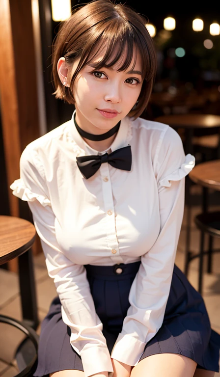 (8K, raw image, best quality, Masterpiece:1.2), (realistic, photo-realistic:1.37), very detailed,
1 woman,cute, alone,Beautifully detailed sky,Detailed cafe,nighttime,sit,Dating,(nose blush),(smile:1.1),(gag),big breasts, seductive smile, large separation, professional lighting, Sony A7R4, 50 mm sessile lens. f1.8,
Medium bust,Beautifully detailed eyes,(collar shirt:1.1), bow tie,pleated skirt,(short hair:1.2),floating hair
