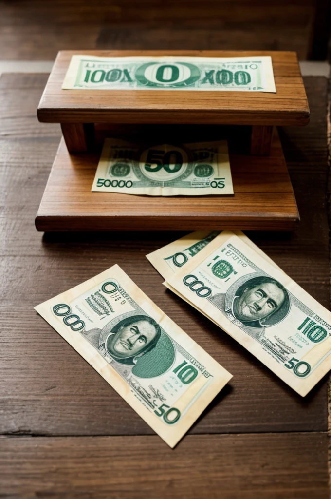 Generates 2 bills of 500 Mexican pesos on a wooden table