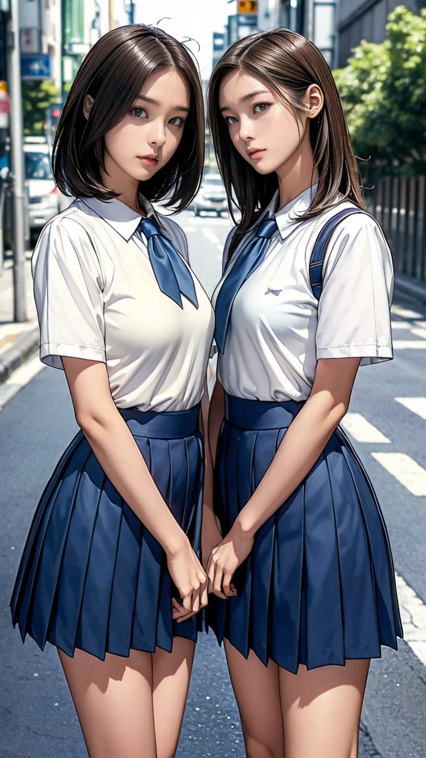 ((Highest quality)), ((masterpiece)), (Detailed boobs),(Very slim:1.7), (Perfect Face:1.8), (Perfect Eyes), (Very detailed), (Perfect detail) ,Very detailedな顔と肌の質感, (Perfect body), (Perfect Face), (((Two girls side by side:1.5))), Very detailedな目, (Junior High School Uniform), White shirt with front opening, Ultra short thigh-length dark blue pleated skirt, tie, Beautiful breasts, (Medium milk:1.5),Very slim legs, short hair, (On a street corner in Tokyo, Outdoor), (Cowboy Shot), (No makeup:1.2)、(No makeup:1.5)、(Very thin thighs)、 (13-year-old girl:1.2)、Big eyes, ((Browsing Caution:1.0))