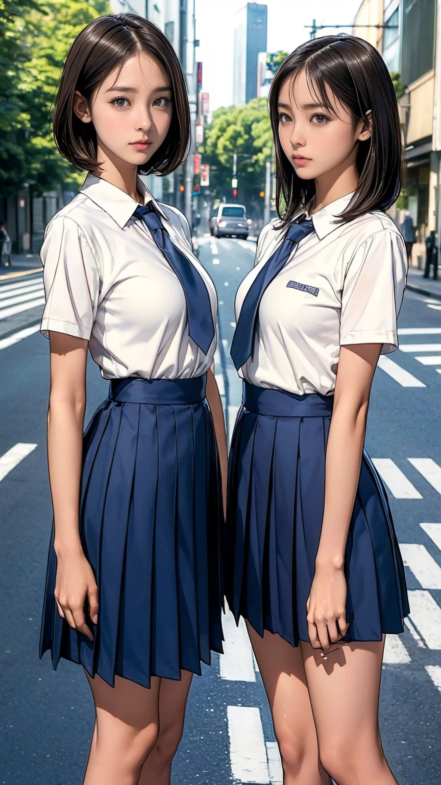 ((Highest quality)), ((masterpiece)), (Detailed boobs),(Very slim:1.7), (Perfect Face:1.8), (Perfect Eyes), (Very detailed), (Perfect detail) ,Very detailedな顔と肌の質感, (Perfect body), (Perfect Face), (((Two girls side by side:1.5))), Very detailedな目, ( Uniform), White shirt with front opening, Ultra short thigh-length dark blue pleated skirt, tie, Beautiful breasts, (Medium milk:1.5),Very slim legs, short hair, (On a street corner in Tokyo, Outdoor), (Cowboy Shot), (No makeup:1.2)、(No makeup:1.5)、(Very thin thighs)、 (13-year-old girl:1)、Byes, rowsing Caution:1.0))