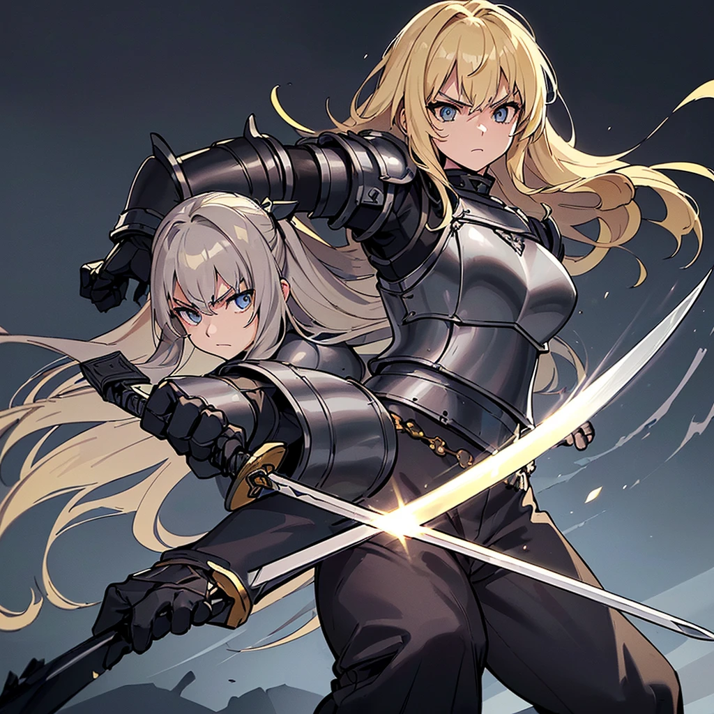 (((Solo)))、Highest quality, Best Quality、(((Gray simple armor、Black trousers、Black gloves))、(woman、18-year-old)、(Blonde、Long Hair)、(((kill、Grab the sword)))、(Glowing light background)、(Fighting stance, battle)、Dramatic Angle、(Blue and yellow aura)、From below