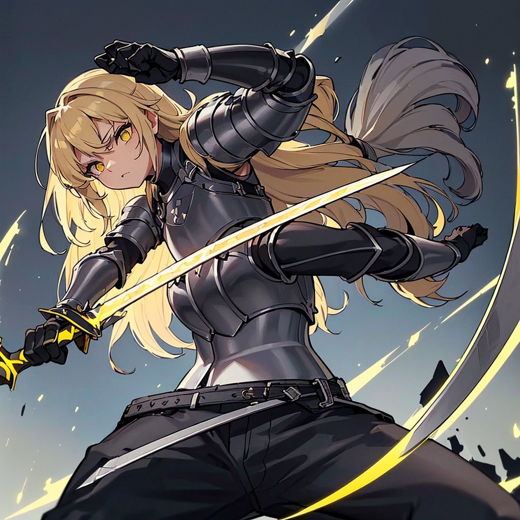(((Solo)))、Highest quality, Best Quality、(((Gray simple armor、Black trousers、Black gloves))、(woman、18-year-old)、(Blonde、Long Hair)、(((kill、Grab the sword)))、(Glowing light background)、(Fighting stance, battle)、Dramatic Angle、(Blue and yellow aura)、From below