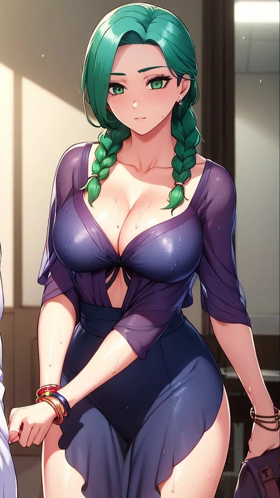 1 Girl,single,Long hair,breast,大breast,Cleavage,Jewelry,Green Eyes,braid,Green hair,双胞胎braid,bracelet,wet,Bell,shawl