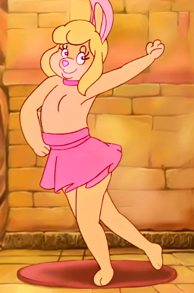 Furry Yellow with white eyes with hot pink pupil and pink collar with a heart, with mat instead of just a skirt cartoonish Hanna-Barbera type, Women, Mexican pink volume skirt, BALD, in cute pose solo mechon enfrente