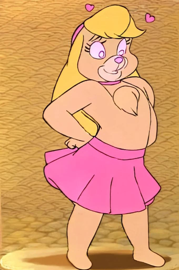 Furry Yellow bunny with white eyes with hot pink pupil and pink collar with a heart, with mat instead of chest without clothes just a skirt cartoonish Hanna-Barbera type, Women, Mexican pink volume skirt, BALD, in cute pose solo mechon enfrente