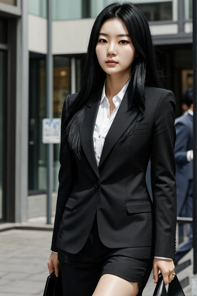 Korean girl with long black hair, with interpol suit