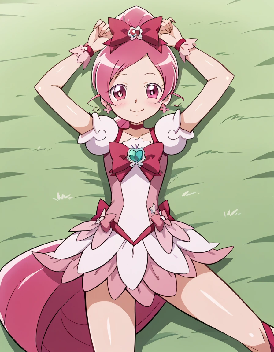 cureblossom, shiny skin, high quality, solo, lying, on back, arms up, spread arms, closed mouth, on grass, cowboy shot, looking at viewer, nervous, smile, best quality, center,