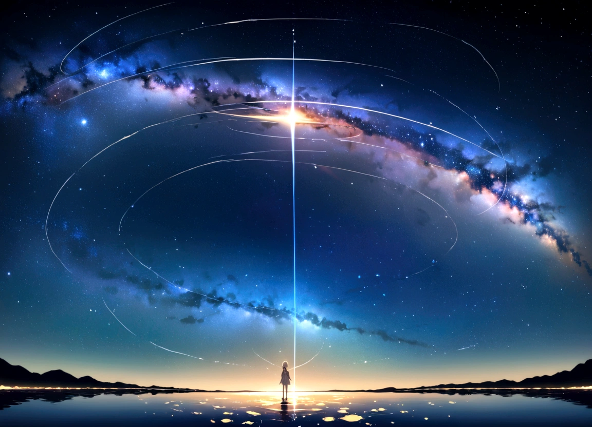 Highest quality,masterpiece,8K,girl,Silver braided short bob hair,In the Milky Way,(Standing in the center of the lake),wide shot ,tachi-e,hairclip