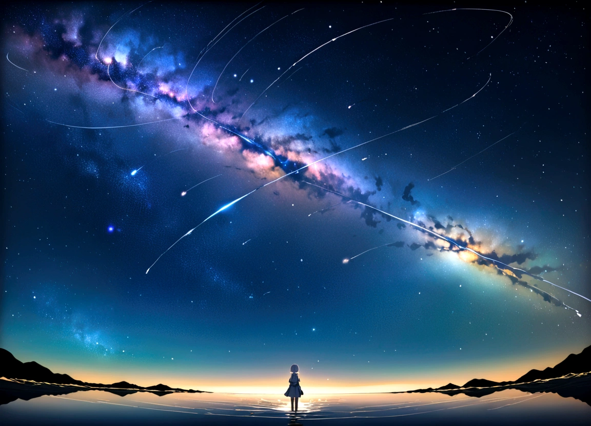 Highest quality,masterpiece,8K,girl,Silver braided short bob hair,In the Milky Way,(Standing in the center of the lake),wide shot ,tachi-e,hairclip
