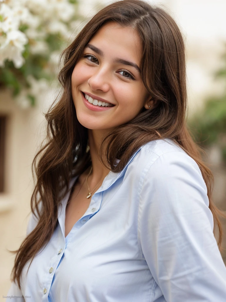 very high resolution, realistic white Palestinian women, blue shirt, white teethes, cute smile, long brown hair, realistic facial details, modest, white skin