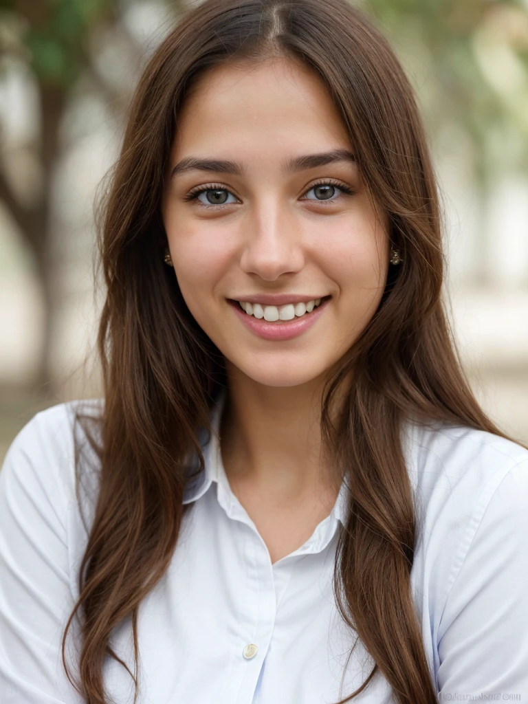 very high resolution, realistic white Palestinian women, blue shirt, white teethes, cute smile, long brown hair, realistic facial details, modest, white skin