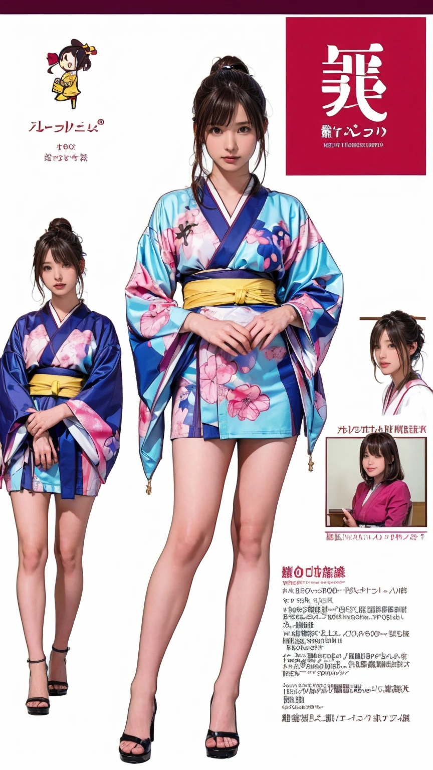 ((masterpiece)),(((Highest quality))),((Character design sheet)),Thin thighs,Long legs,masterpiece, Colorful Japanese Kimono, woman, 30 years old, 