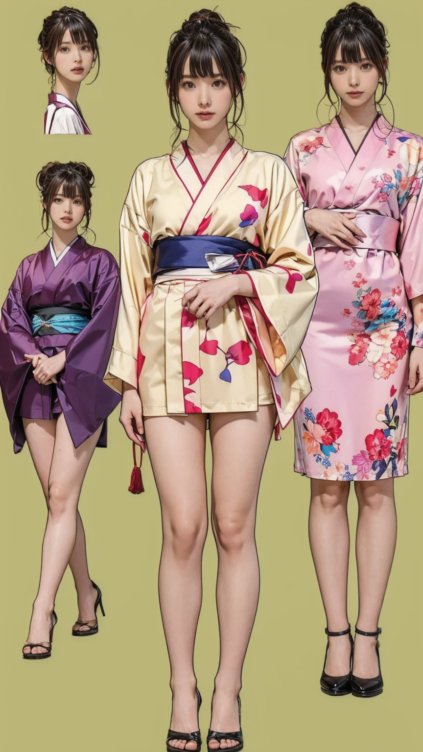 ((masterpiece)),(((Highest quality))),((Character design sheet)),Thin thighs,Long legs,masterpiece, Colorful Japanese Kimono, woman, 30 years old,