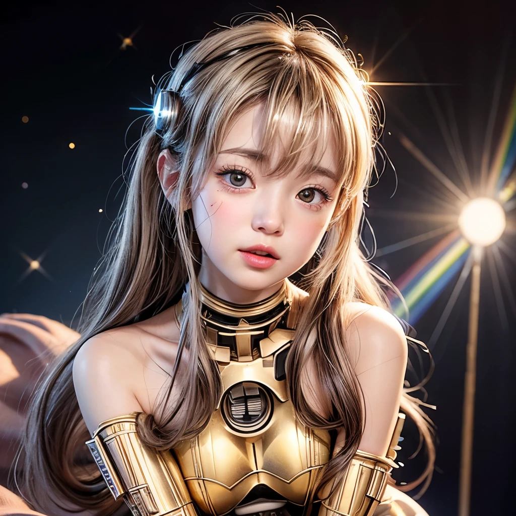 NSFW, 8k, High-level, absurd, masterpiece, best quality, primitive, very detailed CG, very detailed wallpaper, perfect lighting, Extremely detailed (((The personifying " C-3PO Star Wars " as a Little Girl))), MysticSight, Tyndall effect, Tyndall scattering, Studio gray background with (many Dazzling RainbowColor particles BokeH:1.28), (RoundlyButts, ThighGap), (Exposed:0.4), (Assfocus with looking ahead), BREAK (NOGIZAKA face variations) Extremely Detailed very KAWAII face variations, perfect anatomy, Childish, captivating gaze, elaborate detailed Eyes with (sparkling highlights:1.28), long eyelashes、Glossy RED Lips with beautiful details, Coquettish tongue, Rosy cheeks, Radiant PearlSkin with clear transparency . { (Dynamic LifeLike expressions:1.4) | :d) }, (large eyes:-1) .