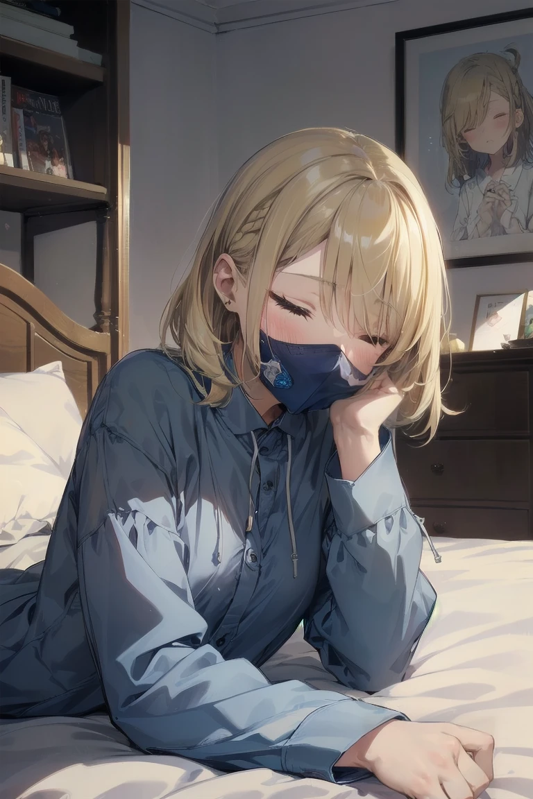 (white mouth mask:1.2),(closed eyes:1.5), (lie on bed:1.5),Highest quality, Anime Moe Art Style,Best Anime 8K Konachan Wallpaper,Perfect Anatomy, (One Girl:1.5), (alone,13 years old:1.8),high school student, (short hair), (Straight hair:1.6),(Medium chest),(Blonde:1.8),Complete limbs, Full Finger,medium breast,Small eyes,Accurate blue eyes, (hair over one eye:1.5),Hair Clip, Very detailed,High resolution,Very detailed肌, Professional Lighting,8K eye detail, (Cute illustrations:1.2), (indoor),(Cute Girl's Room:1.4),(modern and sophisticated furniture:1.2),(plush velvet chair and ottoman:1.4),(elegant curtains and window treatments:1.2),(Designer Fashion:1.4),(Instagrammable fashion photo corner:1.2),(unique framed statement mirror:1.4),
(fashion runway style rug:1.2),(Customized closet filled with trendy clothes:1.2),(gorgeous dressing table:1.2),(Fashion Magazines:1.2),(Cute decoration:1.4),(chic lighting fixtures:1.4),(comfortable and stylish bedding:1.4),(Specialized area for fashion accessories:1.3),(高级饰品:1.2),(fashion sketch and design book:1.2),(bed:1.9),(ankle socks:1.2),nose blush ,A girl lying in bed with a cold with her head on the pillow, cute, detailed drawing, under art,
1 girl, bangs, bed, blush, sweat, cold, blond hair,(pajamas:1.5), indoors,lying on back, pillow, side lock, sleeping, on futon, on futon sleeping face to face,