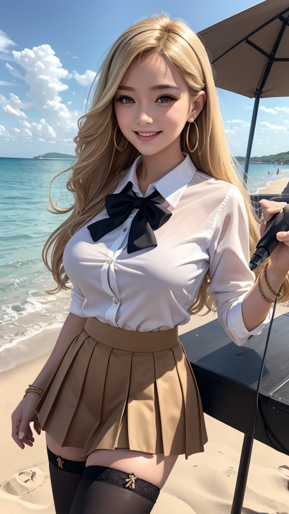 Pop music throws a party on the beach. His enjoyable expression, the shine of the microphone he holds, and the landscape of the beach behind him are impressive. 8K , HD, highly detailed, realistic, photography, photo realism --ar 9:16 -- at 6.0 --s 750,19 years old, alone, Long Hair, View your viewers, Blonde, Brown eyes, gem, whole body, Realistic, Sexy、Big Breasts 、stockings、clip on earrings,during,bracelet、smile,collared shirt, pleated skirt, , bow