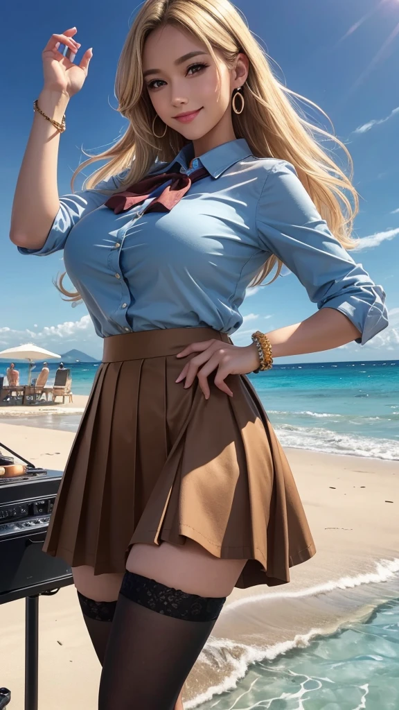 Pop music throws a party on the beach. His enjoyable expression, the shine of the microphone he holds, and the landscape of the beach behind him are impressive. 8K , HD, highly detailed, realistic, photography, photo realism --ar 9:16 -- at 6.0 --s 750,19 years old, alone, Long Hair, View your viewers, Blonde, Brown eyes, gem, whole body, Realistic, Sexy、Big Breasts 、stockings、clip on earrings,during,bracelet、smile,collared shirt, pleated skirt, , bow