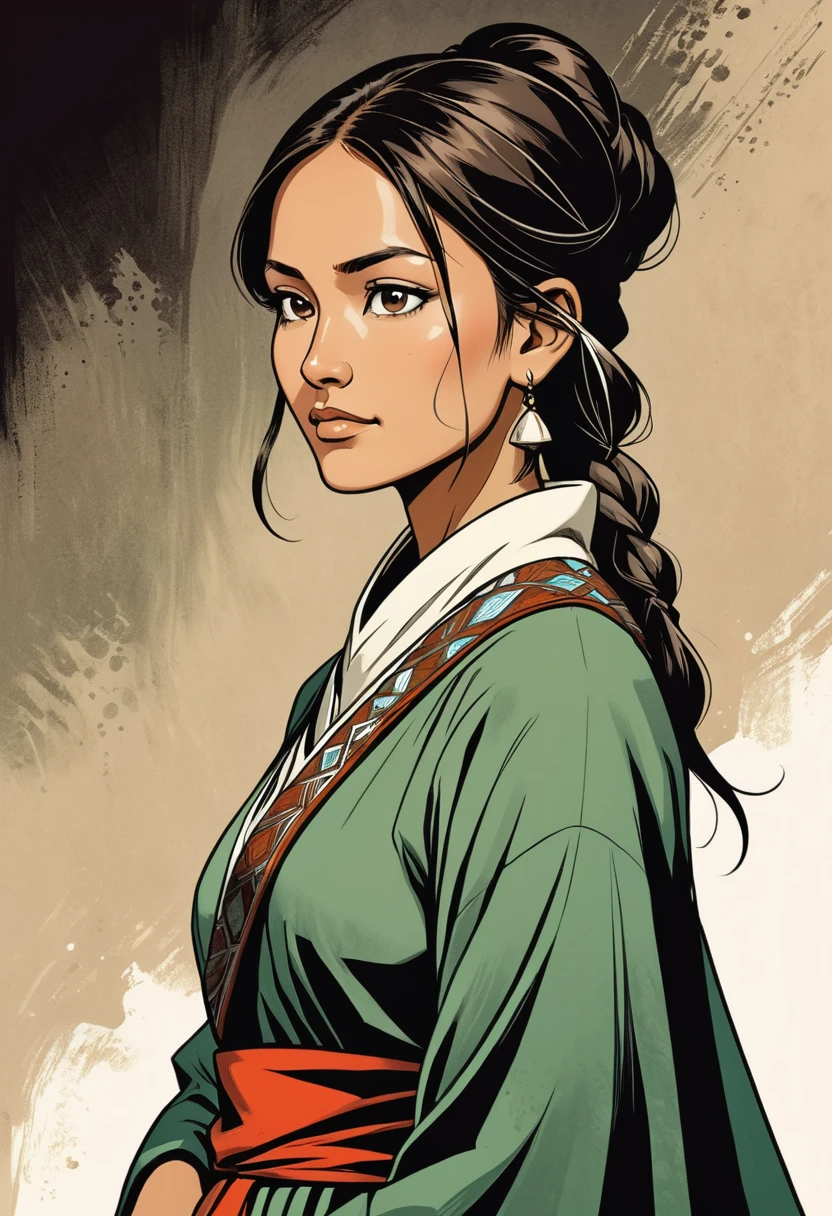 elegant, sage, beautiful native, brown, woman, looking sideway, with a crooked nose. traditional clothes, graphic novel illustration, high contrast