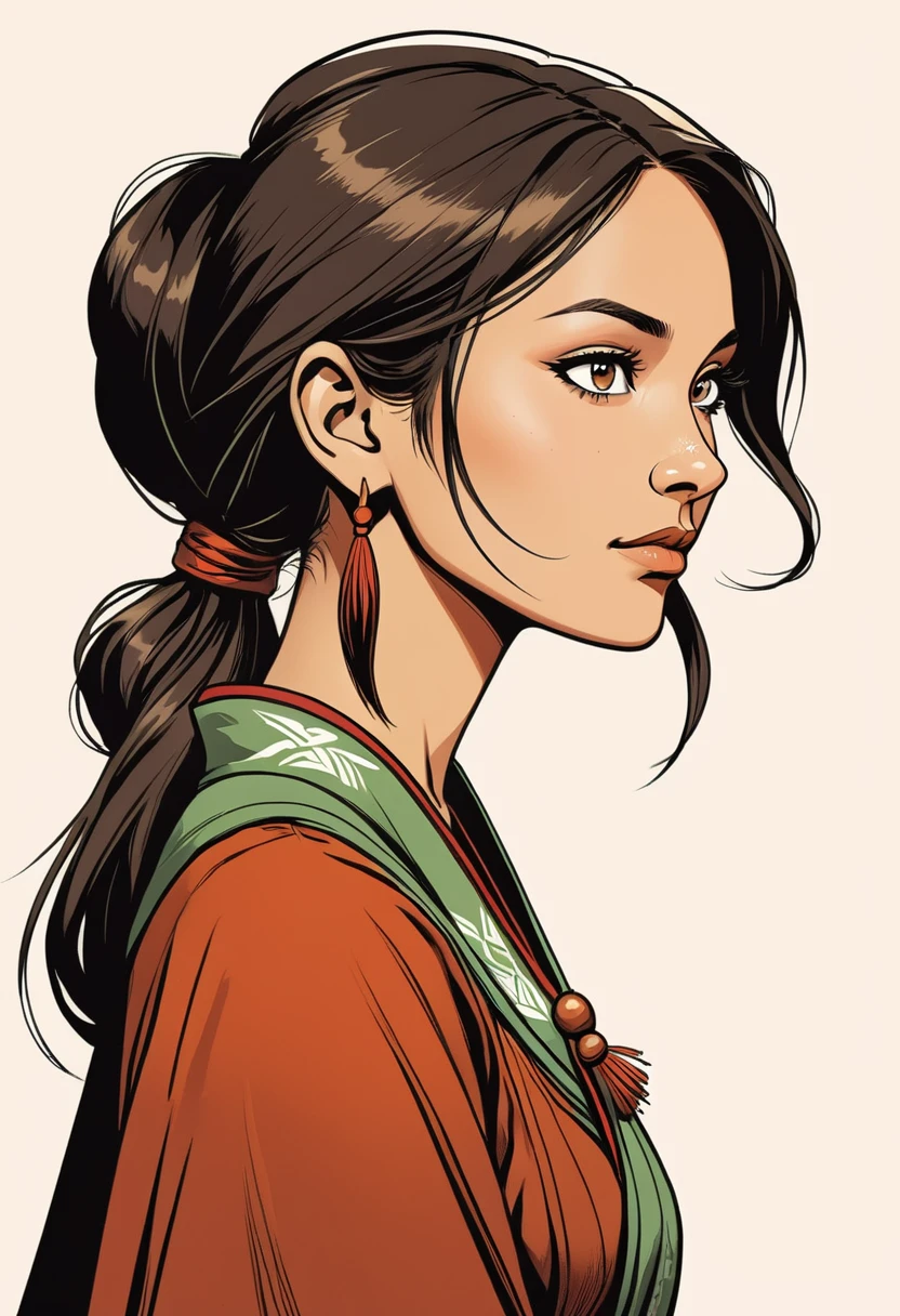 elegant, sage, beautiful native, brown, woman, looking sideway, with a crooked nose. traditional clothes, graphic novel illustration, high contrast