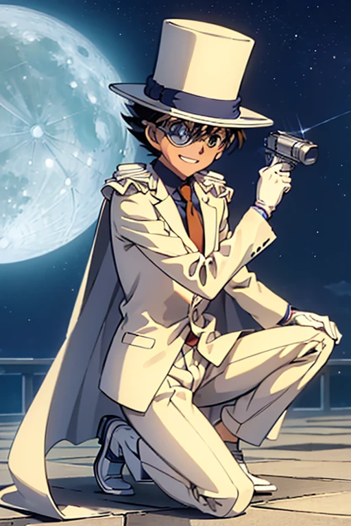 ultra detailed,(masterpiece,4K),white suit,silk hat,((1 boy)),detective conan-kaitou kid,white cape,white leather shoes,white gloves,rooftop,moon night,get on one knee,monocle,grin, Put one hand on the ground,stretch arm to the front,holding a gun